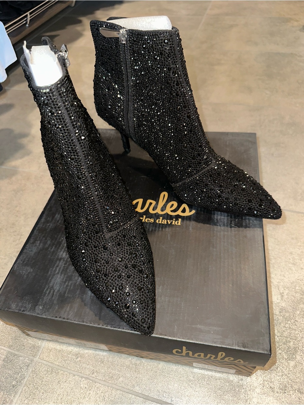 Charles David Black Sparkle Rhinestone-Embellished Pointed Ankle Boots Size 9